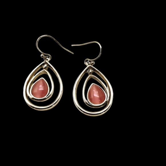 Lia Sophia Teardrop Dangle Earrings Pink Rose Glass Stone Silvertone Double Hoop - Picture 2 of 11